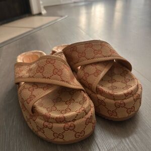 Gucci Beige Monogram Platform Sandals
